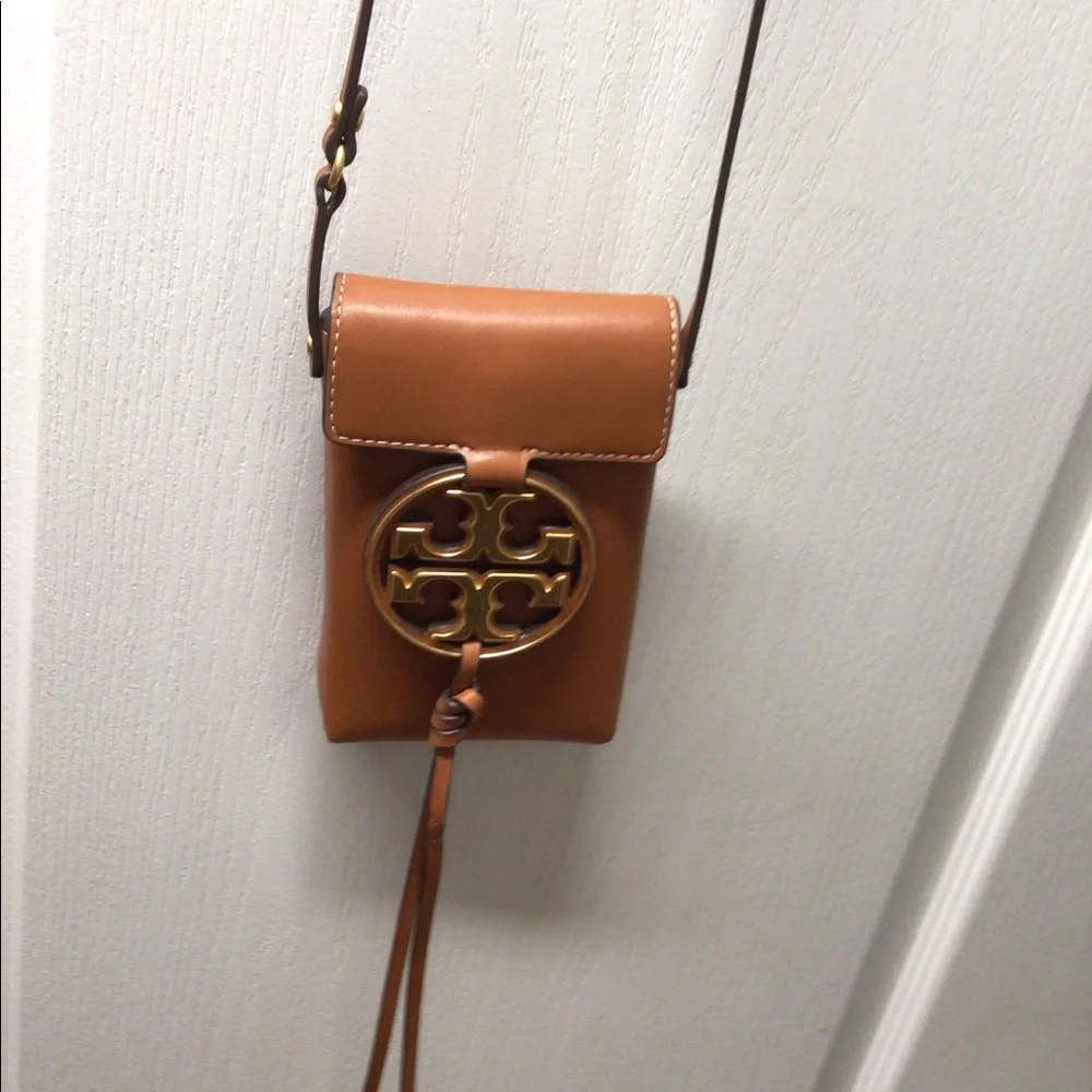 Tory Burch Camello Brown Crossbody Phone Bag with Gold Logo